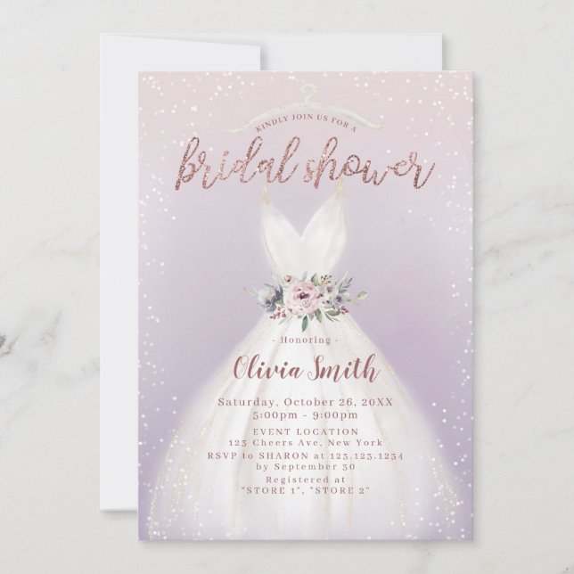 Purple Elegant Wedding Dress Bridal Shower Invitat Invitation (Front)