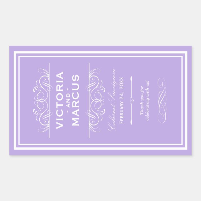 Purple Elegant Wedding Monogram Wine Bottle Sticker (Front)