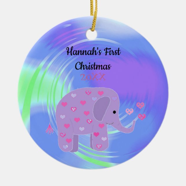 Purple Elephant Baby First Christmas Ceramic Ornament (Front)