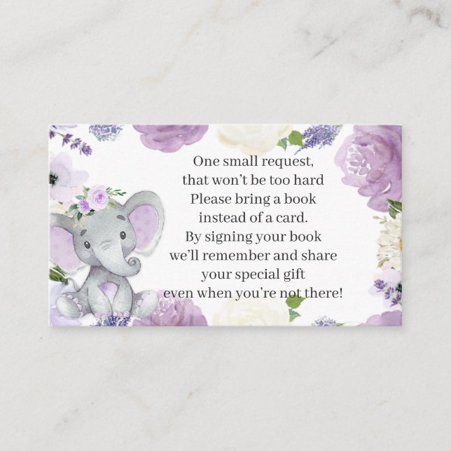 Purple Elephant Baby Shower Book Request Card (Front)