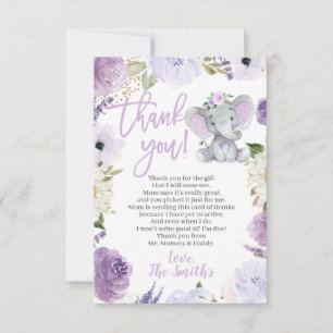 Purple Elephant Baby shower Merci Cartes