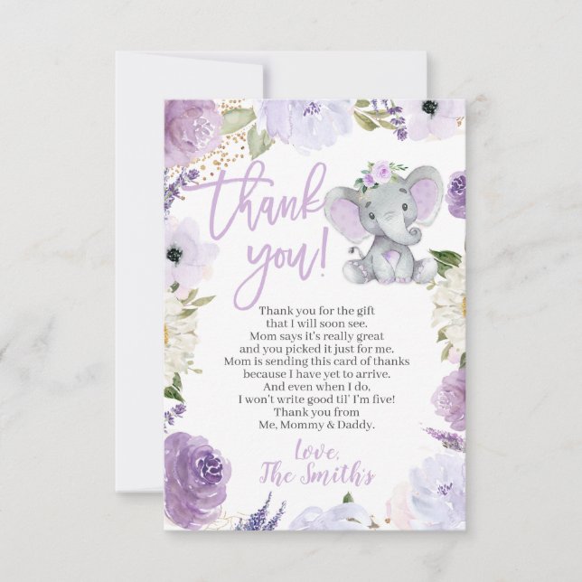 Purple Elephant Baby Shower Thank You Cards (Front)
