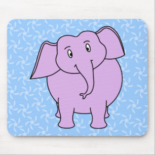 Purple Elephant Cartoon. Blue Floral Background. Mouse Pad