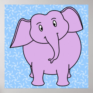 Purple Elephant Cartoon. Blue Floral Background. Poster