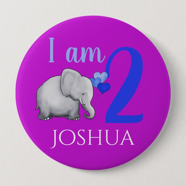 Purple Elephant Custom Name & Age 2nd Birthday 4 Inch Round Button (Front)