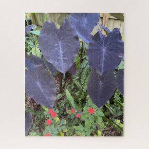 Purple Elephant Ears, Red Impatiens, Green Ferns Jigsaw Puzzle