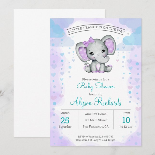 Purple  elephant girl Baby Shower  Invitation (Front/Back)