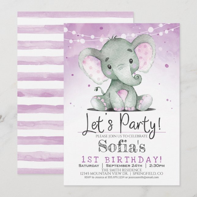 Purple Elephant Girl Birthday Party Invitation (Front/Back)