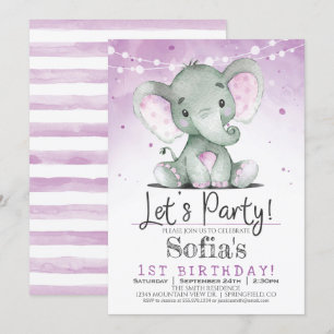 Purple Elephant Girl Birthday Party Invitation