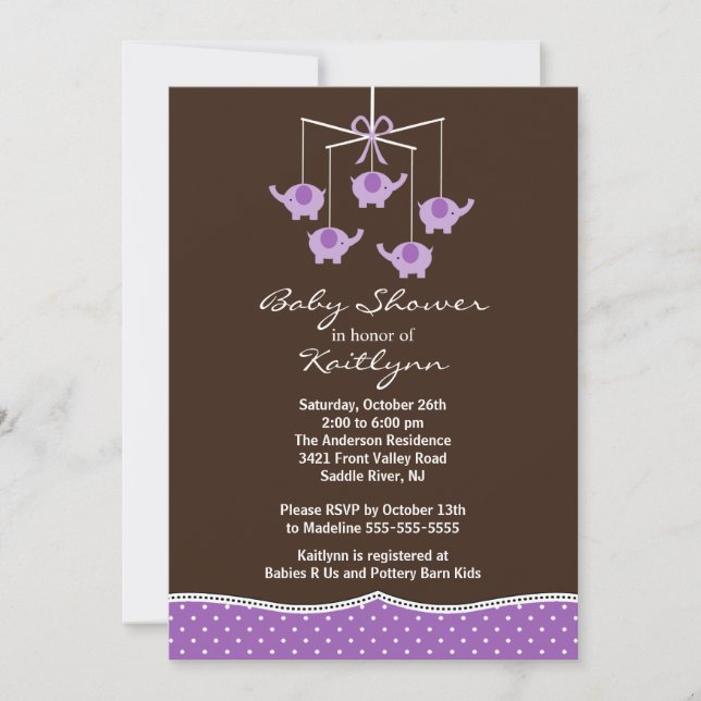 Purple Elephant Mobile Baby Shower Invitation (Front)