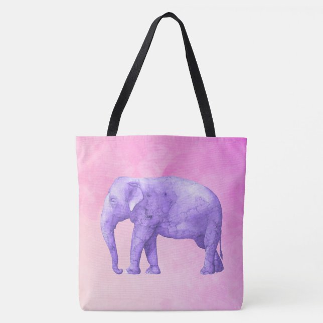Purple Elephant on Dreamy Pink Watercolors Tote Bag (Front)