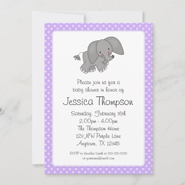 Purple Elephant Polka Dots Baby Shower Invitation (Front)