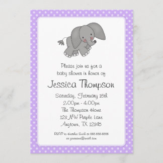 Purple Elephant Polka Dots Baby Shower Invitation