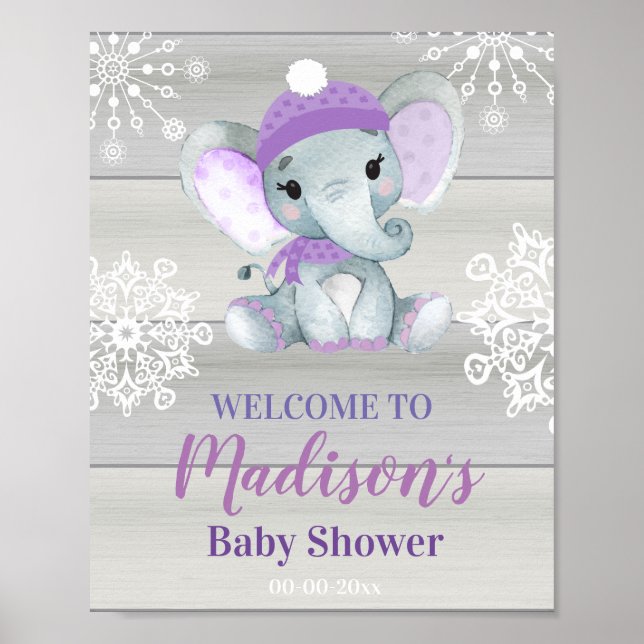 Purple Elephant Welcome Sign, Girl  Shower Poster (Front)