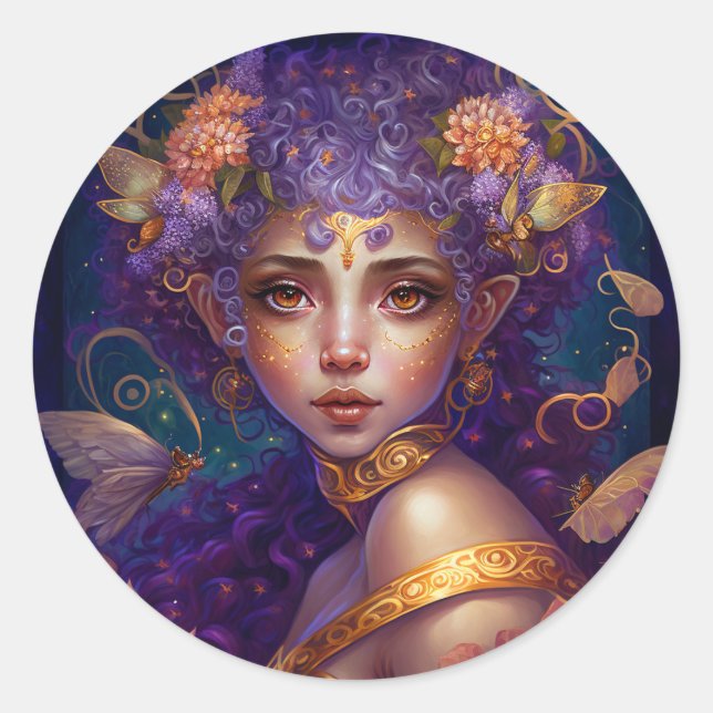 Purple Elf Fairy Fantasy Art Classic Round Sticker (Front)