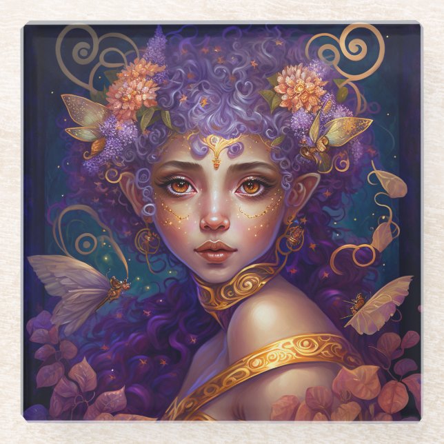 Purple Elf Fairy Fantasy Art Glass Coaster (Front)