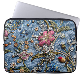 Purple Embroidered Flower on Denim Delight Laptop Sleeve