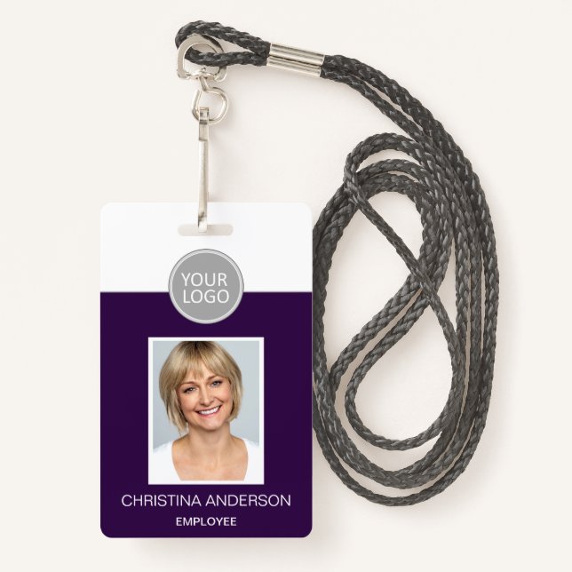 Purple Employee Name Logo Photo Corporate Work Badge (Front with Lanyard)