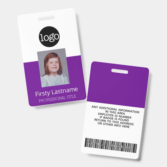 Purple Employee - Photo, Bar Code, Logo, Name ID Badge (Front & Back)