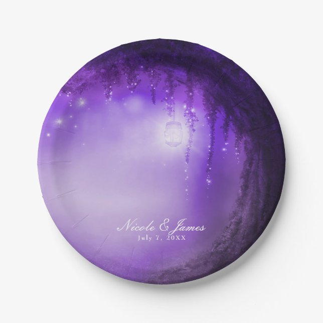 Purple Enchanted Forest Fantasy Wedding Reception Paper Plate (Front)