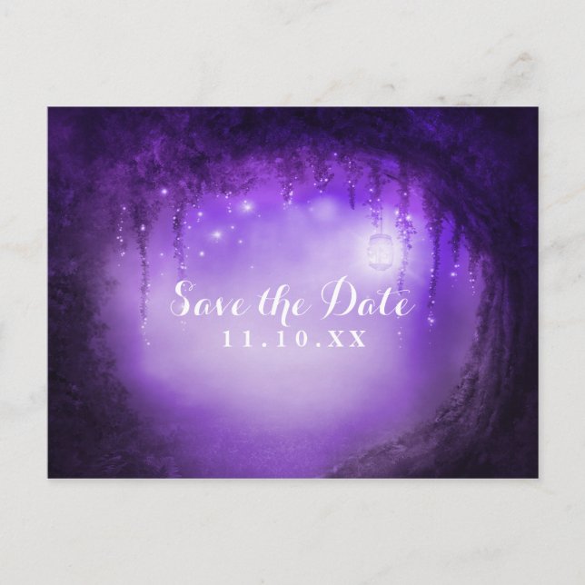 Purple Enchanted Forest Wedding Save the Date Announcement Postcard (Front)