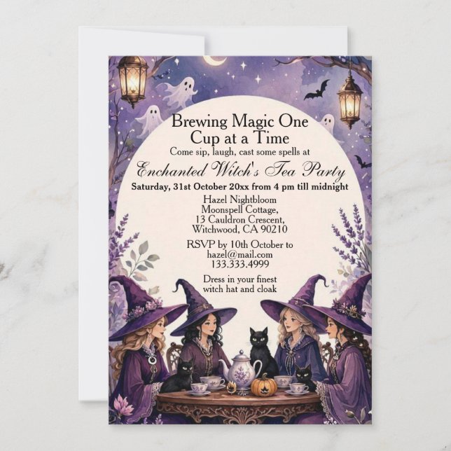 Purple Enchanted Witch Tea Party Midnight Moonlit  Invitation (Front)