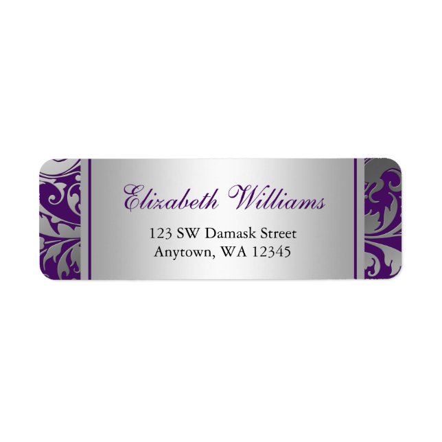 Purple et Argent Damask Swirls Adresse de retour (Devant)