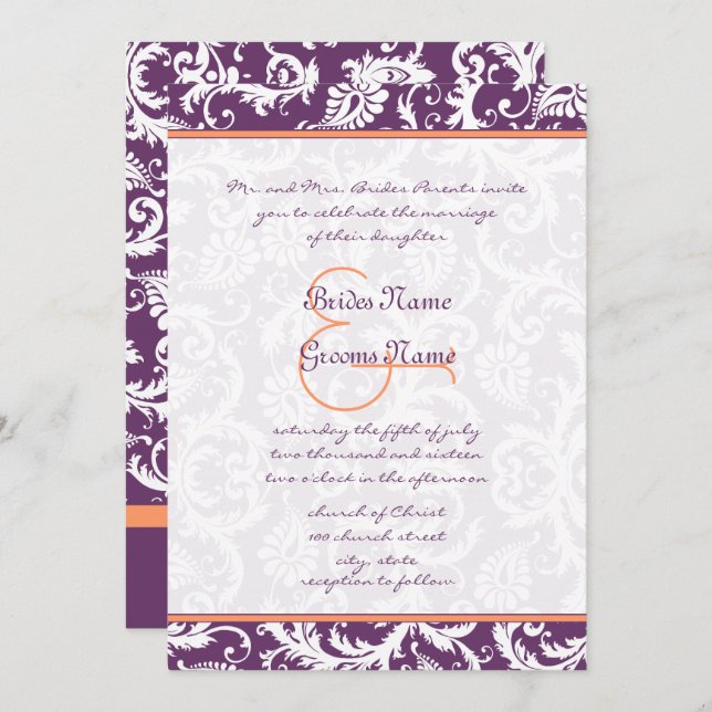 Purple et Coral Damask Swirl Wedding Invitations (Devant / Derrière)