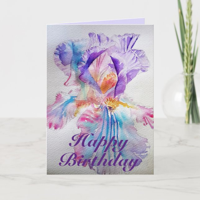 Purple Ethereal Iris Watercolour Birthday Card (Front)