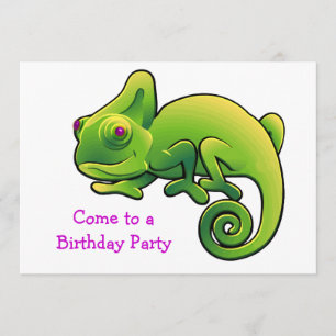 Purple Eyed Lime Green Chameleon Birthday Party Invitation
