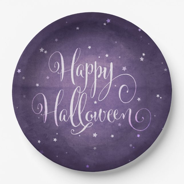 Purple Faded Magical Stars Happy Halloween Party Paper Plate (Front)