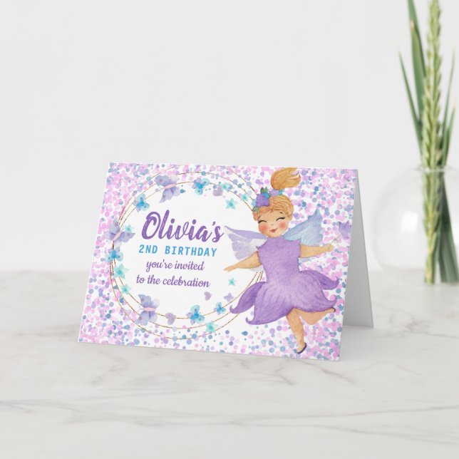 Purple Fairy Butterfly Heart Confetti Birthday Invitation (Front)