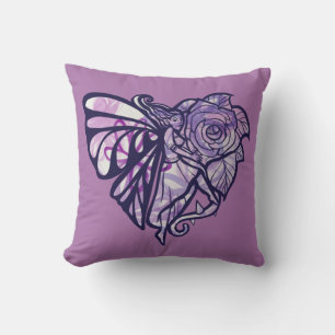 Purple Fairy Garden Rose Fairies Gardening Heart Throw Pillow