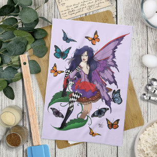 Purple Fairy Mushroom Butterflies Kitchen Towel
