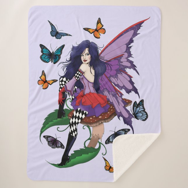 Purple Fairy Mushroom Butterflies Sherpa Blanket (Front)