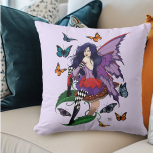 Purple Fairy Mushroom Butterflies Throw Pillow