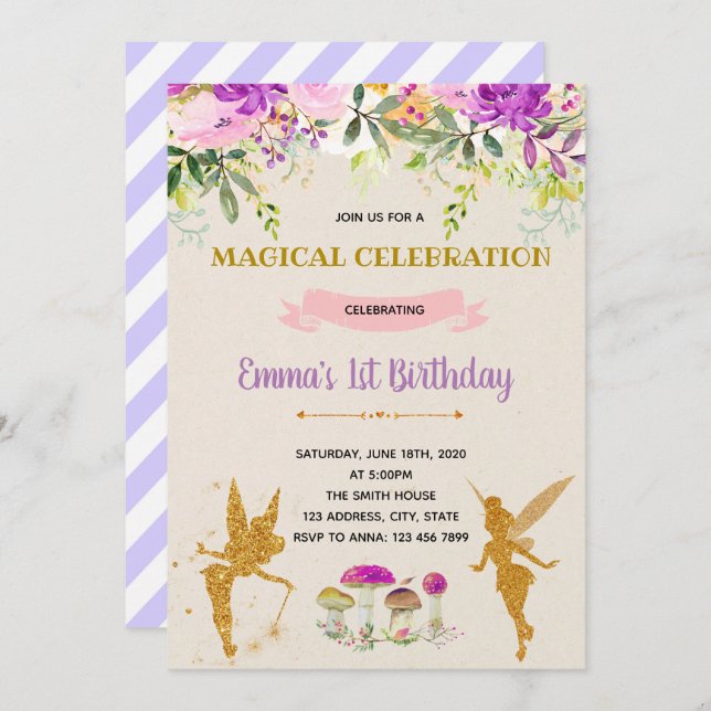 Purple fairy party birthday invitation (Front/Back)