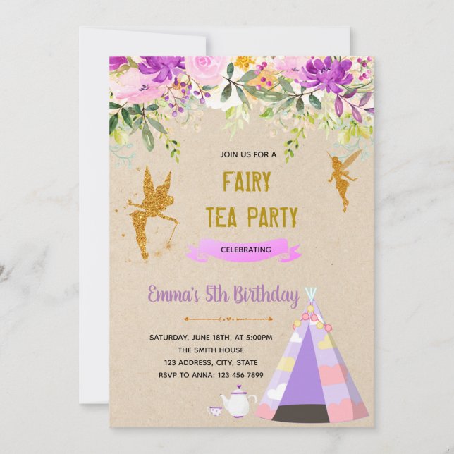 Purple fairy tea sleepover party theme thank you card (Front)