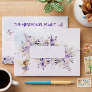 Purple Fairy Watercolor Floral Lined Envelope