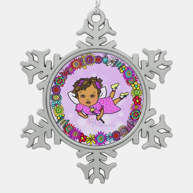 Purple Fairy with Wand Whimsical Snowflake Pewter Christmas Ornament (Front)