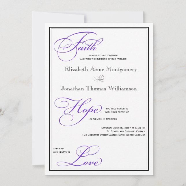 Purple Faith Hope Love Script Wedding Invitation (Front)