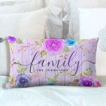 Purple family floral rustic wood watercolor script lumbar pillow<br><div class="desc">“Family”. Turn your couch into something special with this beautiful, rustic, romantic, vintage floral custom name throw pillow. Turquoise blue, purple, pink and periwinkle watercolor flowers and dark purple cassis script typography overlay a light purple rustic wood background. Add your family name to personalize. Also available in 2 square sizes:...</div>