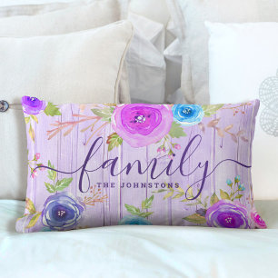 Purple family floral rustic wood watercolor script lumbar pillow