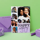 Purple Family Friends Photo Collage Happy Birthday Card<br><div class="desc">This cool and cute happy birthday greeting card is perfect for any friend or family member. It features eight customizable photograph pictures with the quote, "Happy Birthday, " on top of a violet purple "30" (which can be changed to any age) and pastel purple color block square. It's modern, fun,...</div>