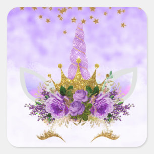 Purple Fantasy and Golden Stars Unicorn Square Sticker