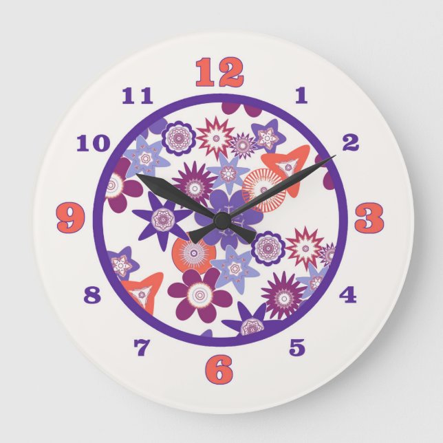 Purple Fantasy Flower Pattern Large Clock (Front)