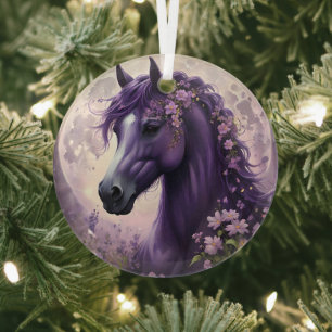 Purple Fantasy Horse Moon Flowers, Glass Ornament