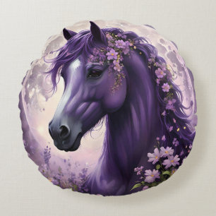 Purple Fantasy Horse Moon Flowers, Round Pillow