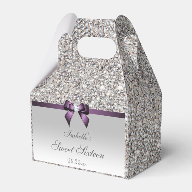 Purple Faux Bow Silver Sequins Sweet 16 Favor Box (Front Side)