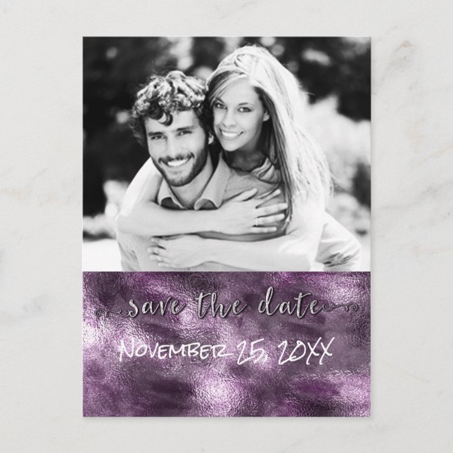 Purple Faux Foil Glamour Chic Save The Date Photo Announcement Postcard (Front)